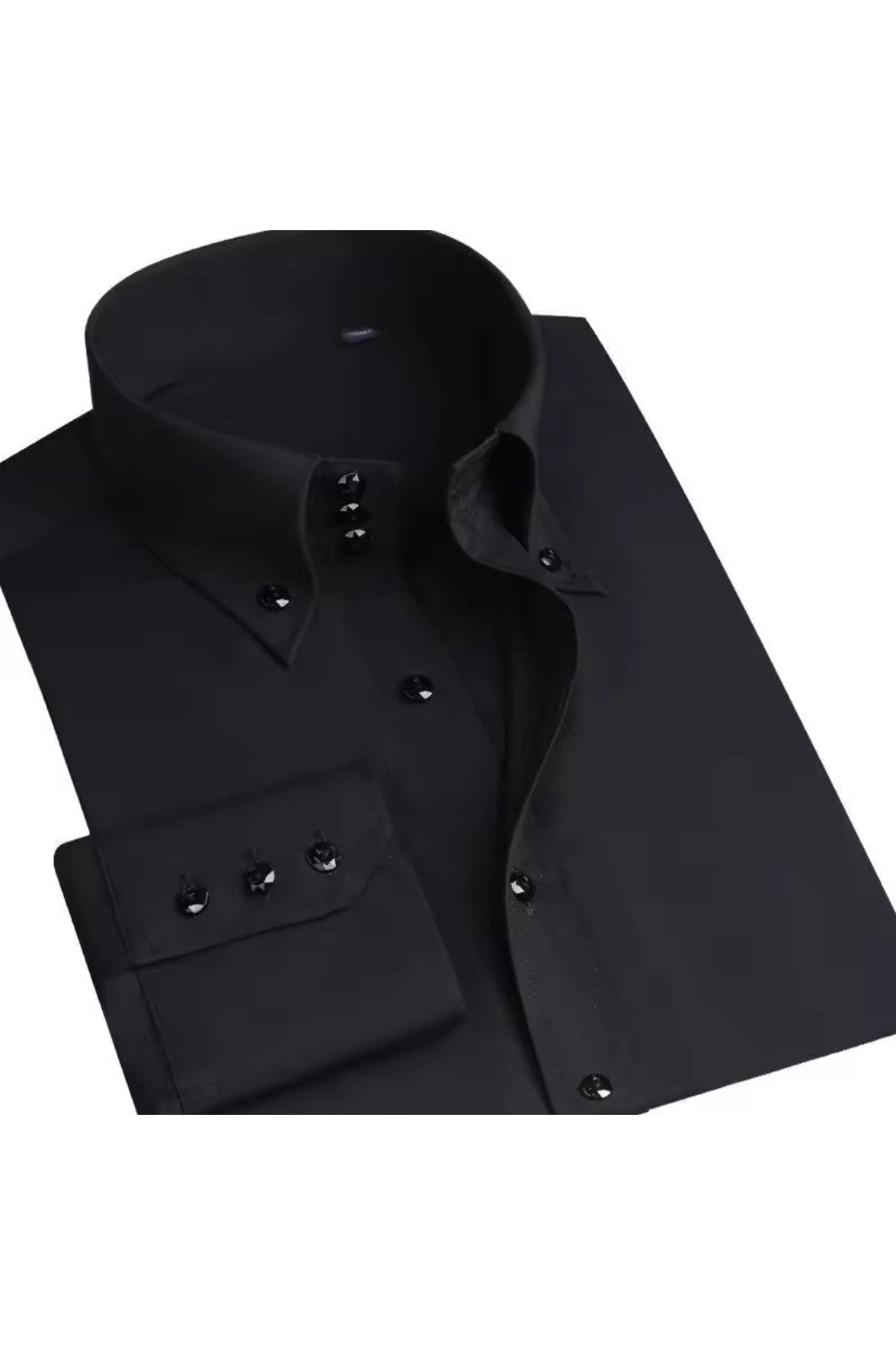Black slim fit men's button-down dress shirt with pointed collar and chest pocket