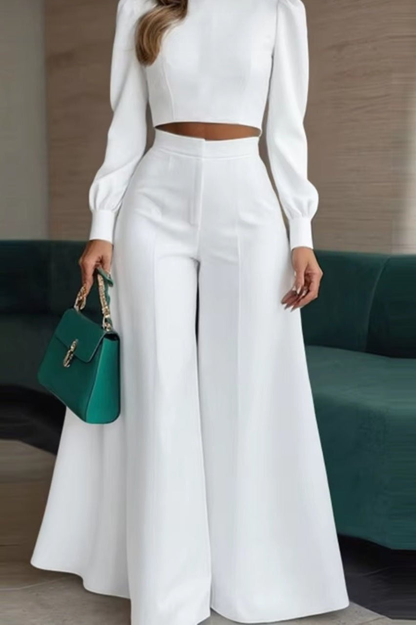 GLITCH-BELLE Women's Cropped Long Sleeve Top & Wide Leg Pants Set - GLITCH-BELLE