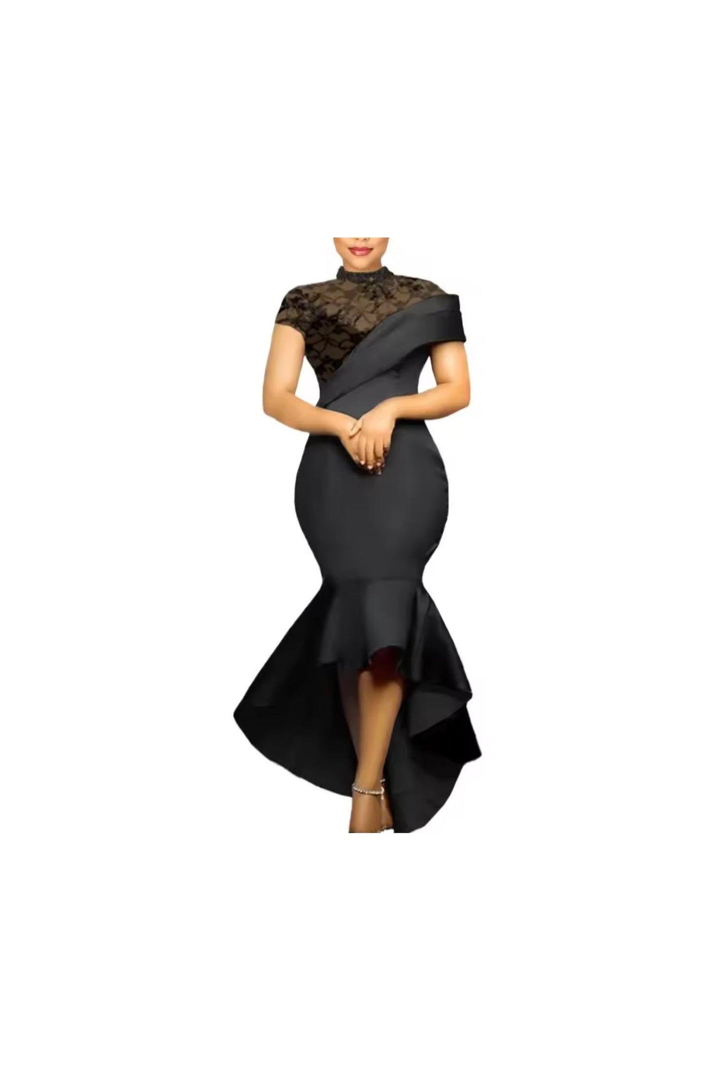 Large Size Formal Dress - Women's Elegant High Neck Maxi Black Evening Dress - GLITCH-BELLE