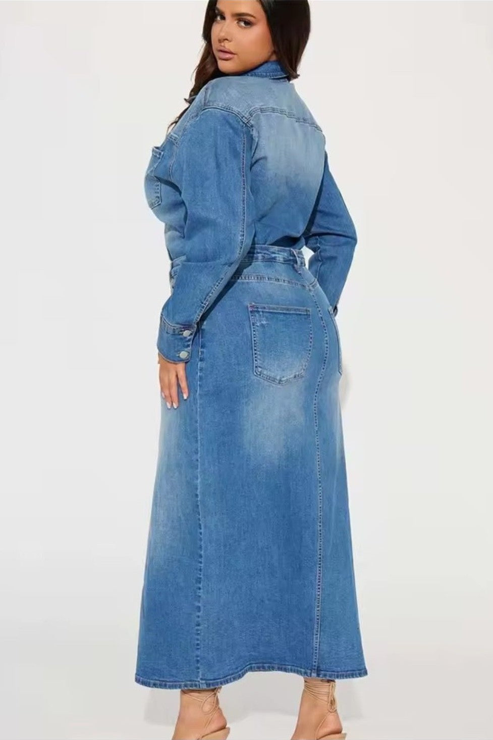 Denim Maxi Dress – Long Sleeve Split Jean Dress - GLITCH-BELLE