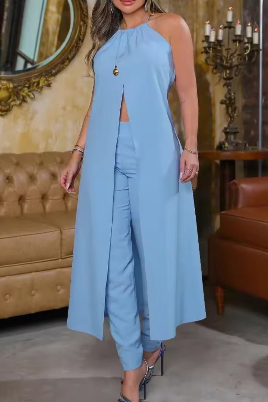 O-Neck High Waist Pencil Pants & Longline Slit Top Set – Women's Sleeveless Solid Color Summer Spring Outfit - GLITCH-BELLE