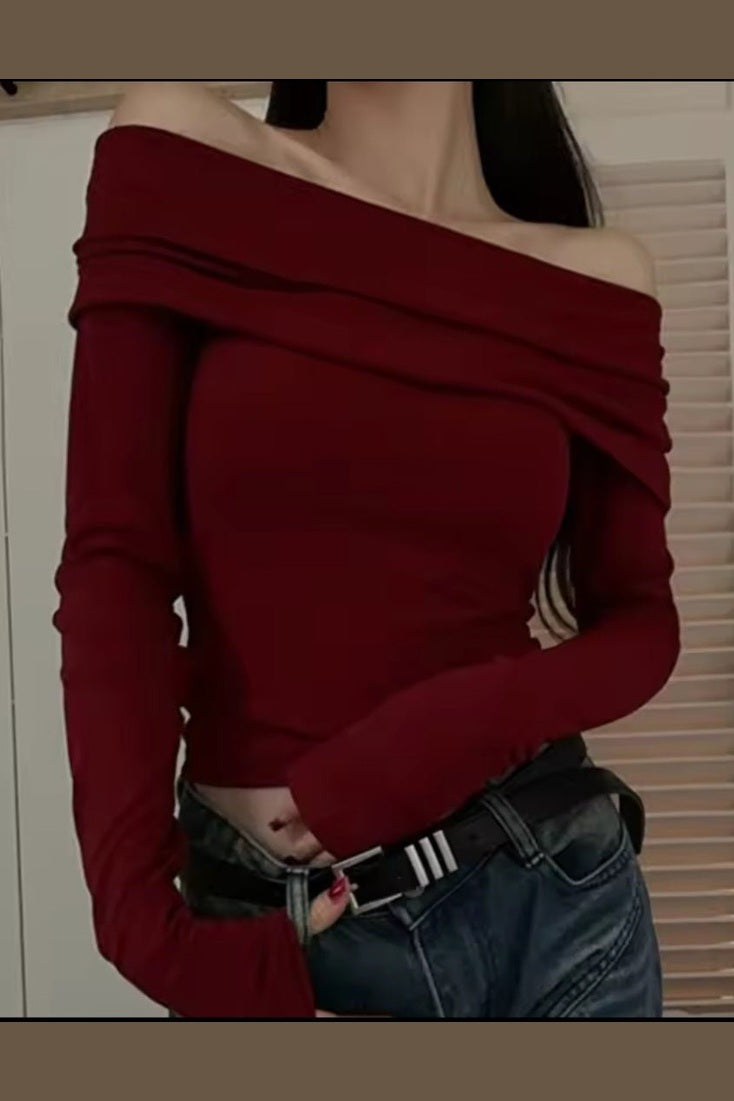 Off Shoulder Long Sleeve Slim Crop Top – Women's Spicy Girl Autumn Knit Tee - GLITCH-BELLE