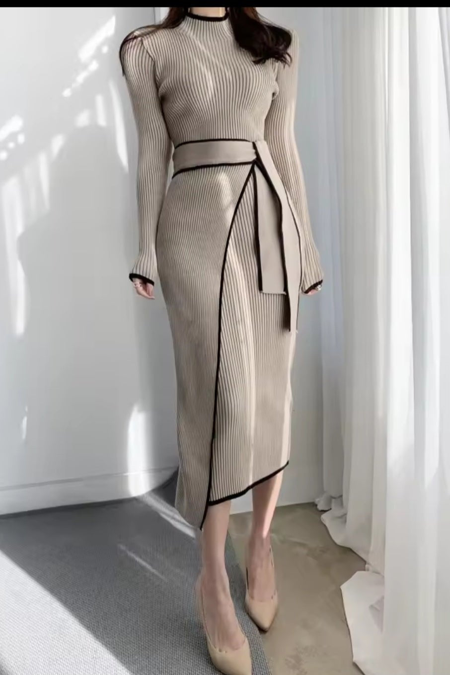 Retro Knitted Bodycon Dress – Women's Korean Fashion Half High Collar Lace Up Elegant Sweater Dress Autumn Winter - GLITCH-BELLE