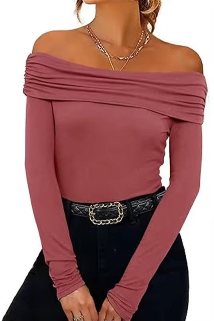 Off-Shoulder Long Sleeve Slim Blouse – Women's Bardot Fitted Top - GLITCH-BELLE