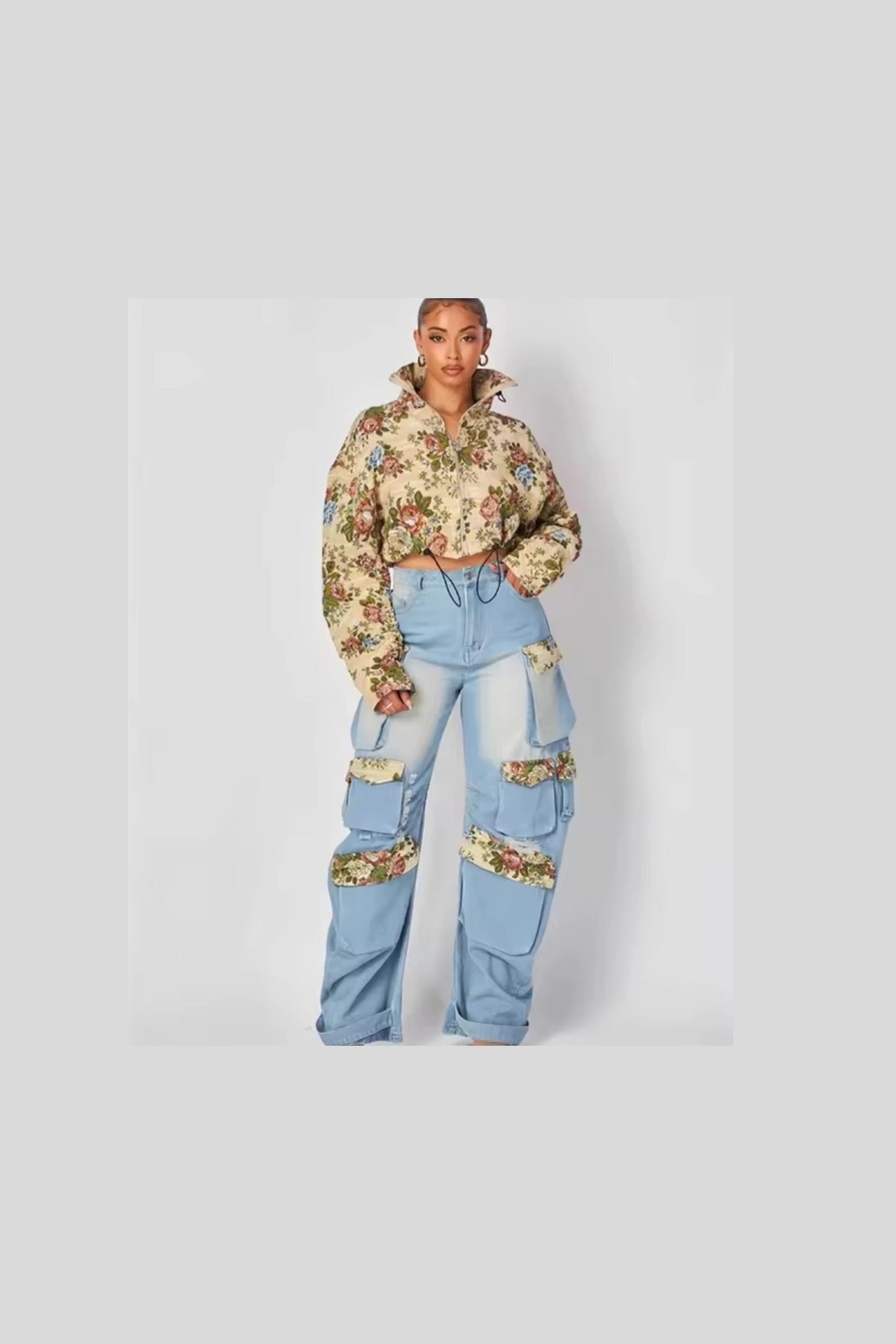 Floral Denim Cargo 2 - Piece Set | Full Sleeve Jacket & Pocket Cargo Jeans - GLITCH - BELLE