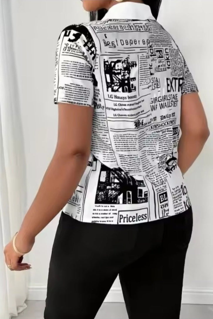 GLITCH-BELLE Women's Newspaper Print Short Sleeve V-Neck Blouse - GLITCH-BELLE