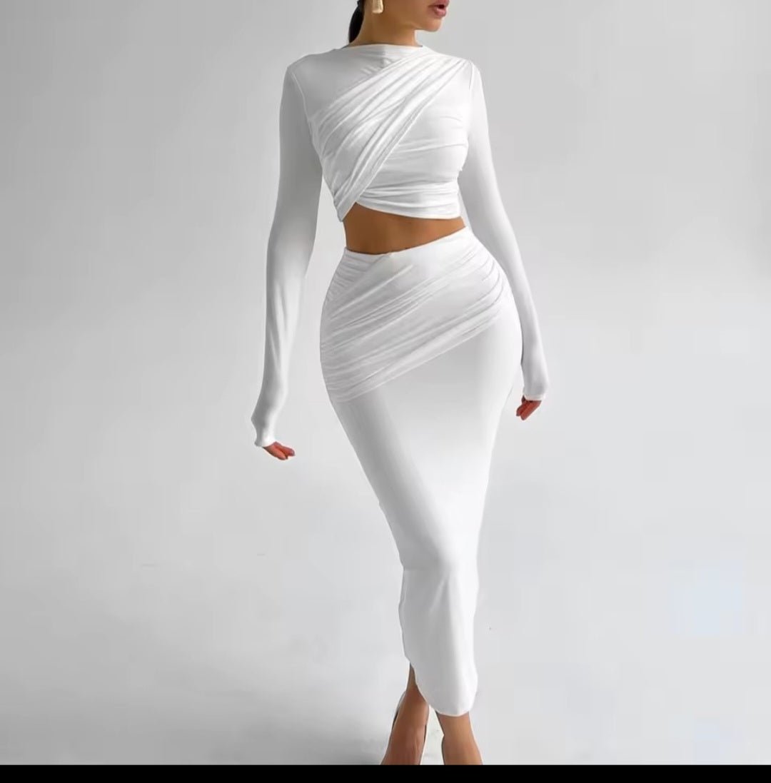 Women's 2 Piece Vacation Set - Long Sleeve Crop Top & High Waist Bodycon Skirt - GLITCH - BELLE