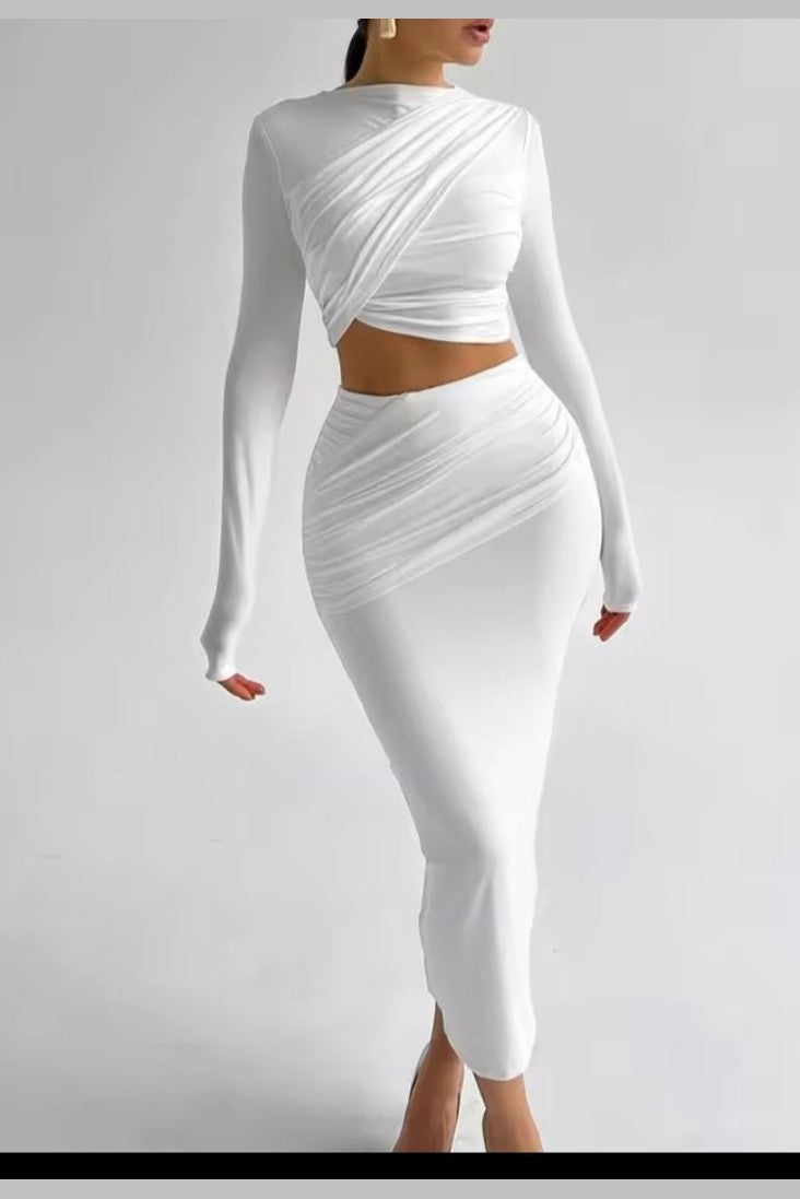 GLITCH-BELLE Women's Long Sleeve Crop Top & High Waist Bodycon Skirt Vacation Set - GLITCH-BELLE