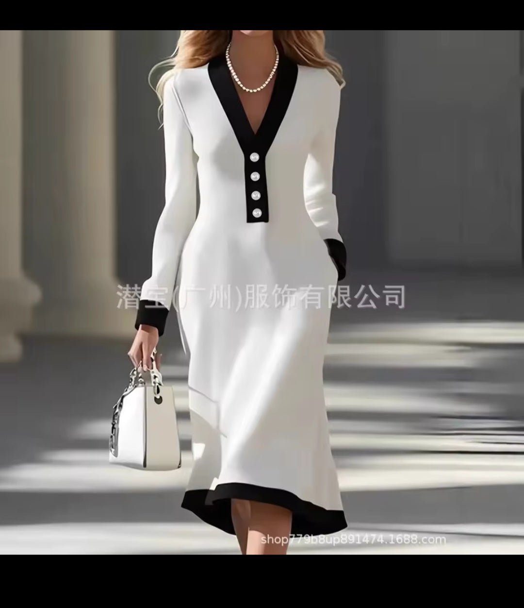 Color - Block Button V - Neck Long Sleeve Slim Maxi Dress – Women's Elegant Office Dress 2026 - GLITCH - BELLE