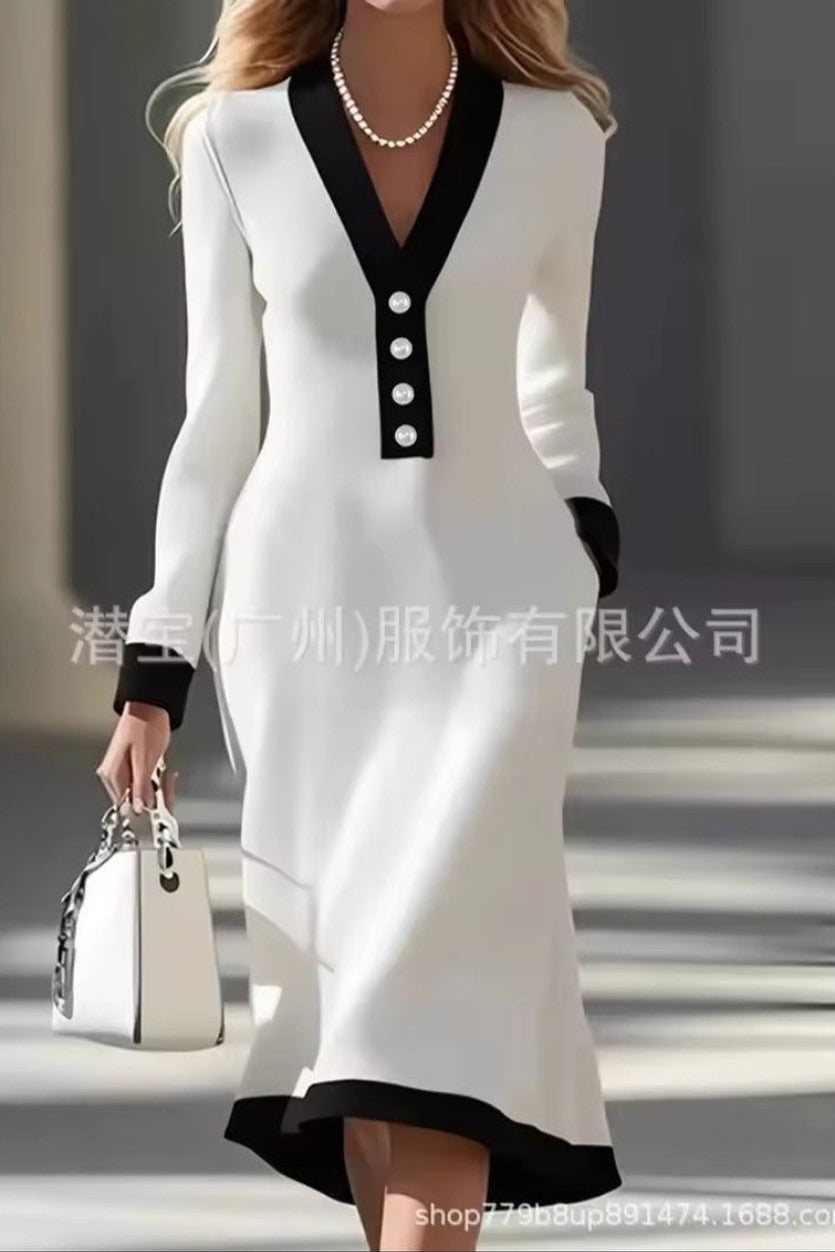 Color-Block Button V-Neck Long Sleeve Slim Maxi Dress – Women's Elegant Office Dress 2026 - GLITCH-BELLE