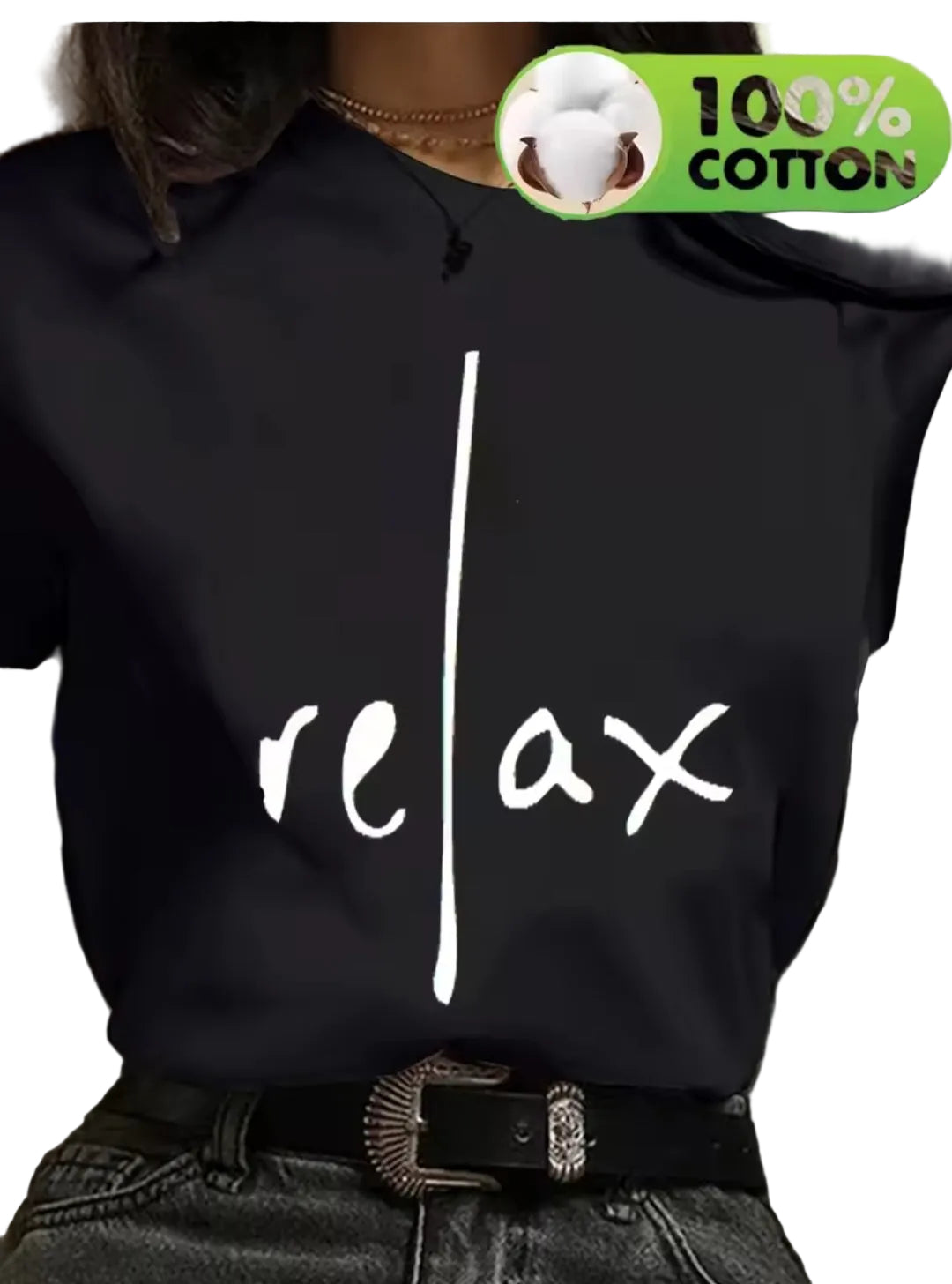 Black sweatshirt with 'relax' text and 100% cotton label