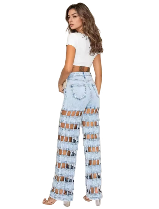 Fashion Hollow Out Denim Pants – High Waist Wide Leg Streetwear Jeans