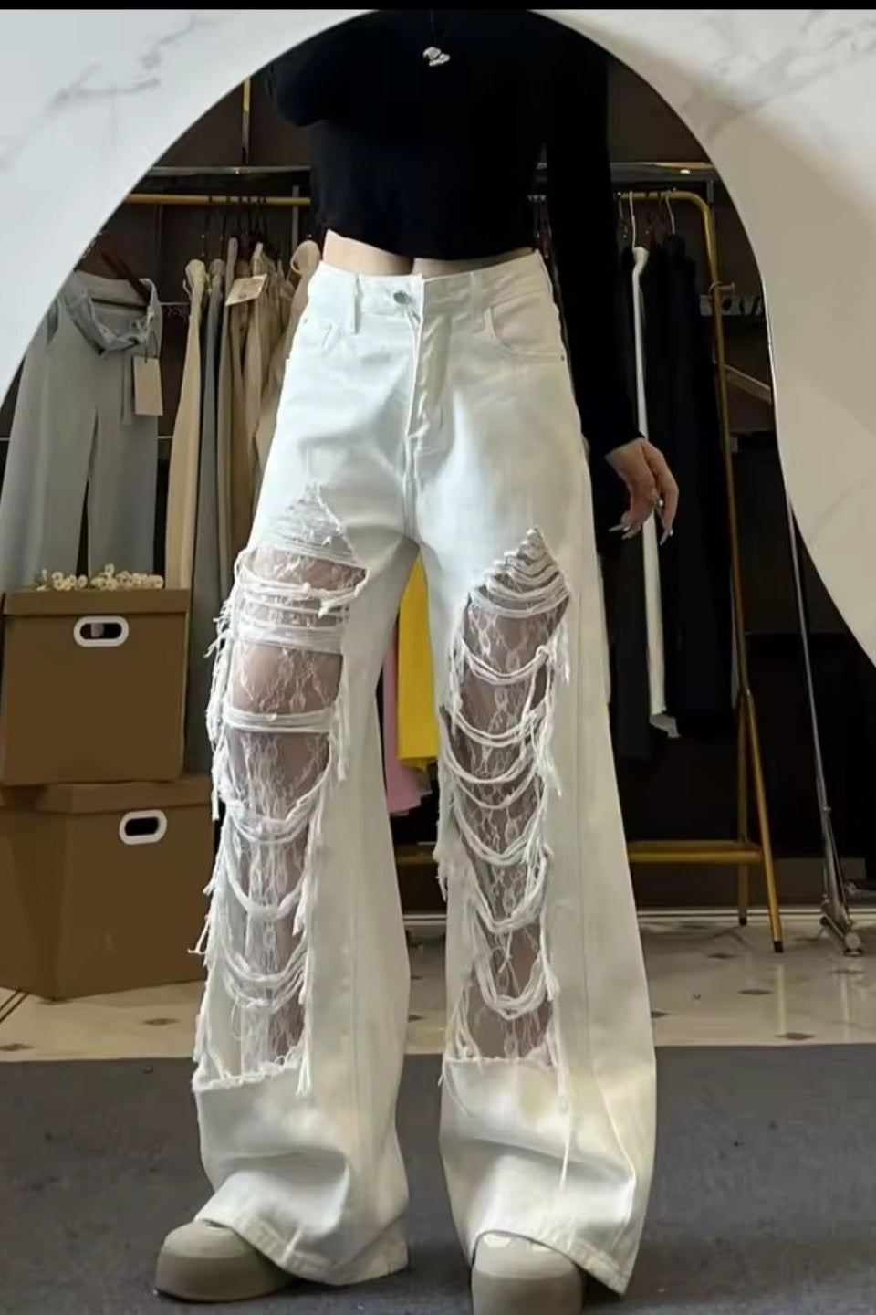 Y2K White Ripped Wide Leg Jeans | High Street Punk Denim - GLITCH-BELLE