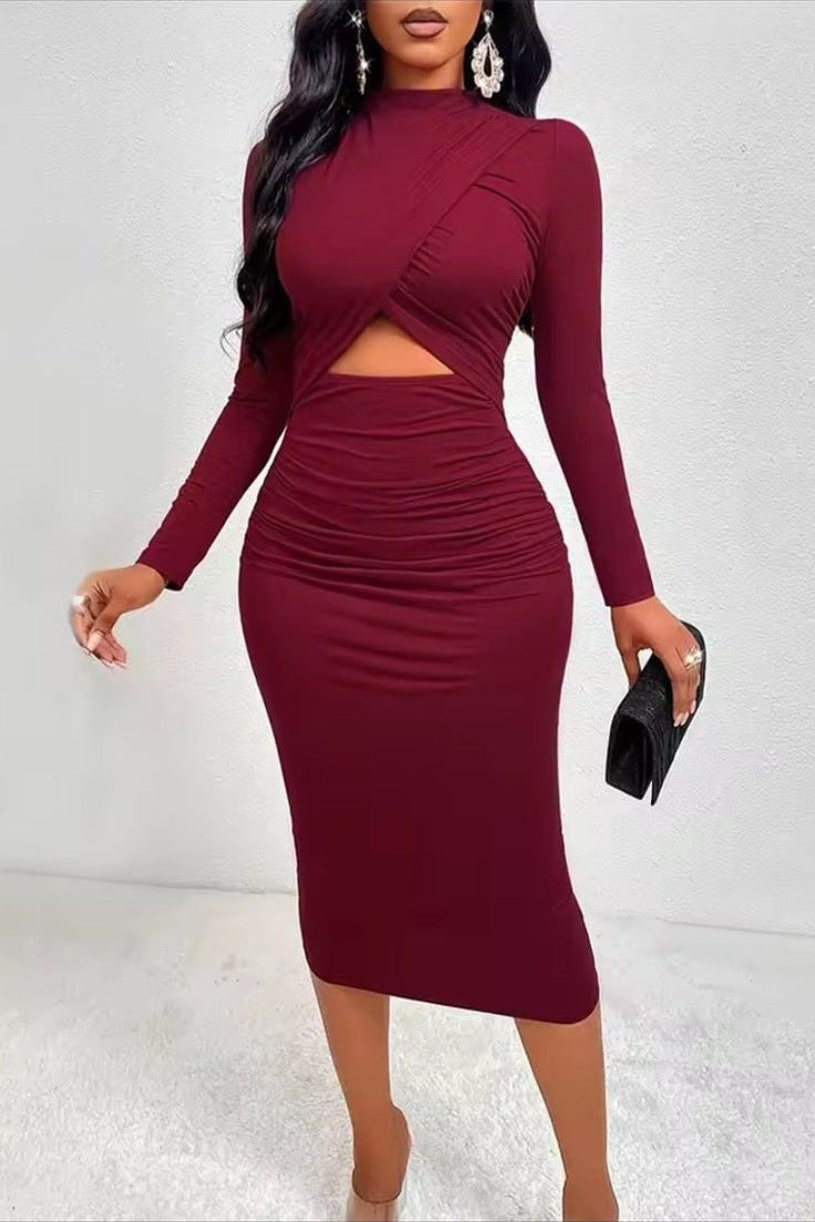 Women's Elegant Claret Ruched French Midi Dress – Round Neck Cross Hollow - Out Spring Cocktail Party Dress - GLITCH - BELLE