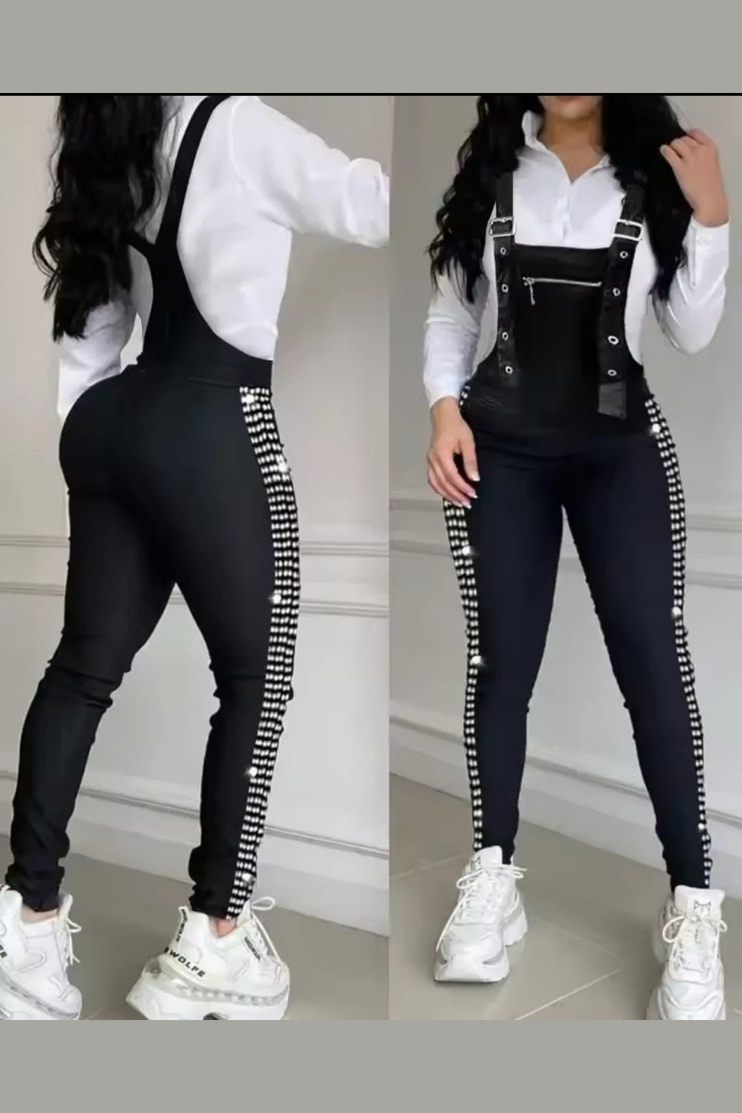 Women's Rhinestone Buckled Suspender Jumpsuit - GLITCH - BELLE
