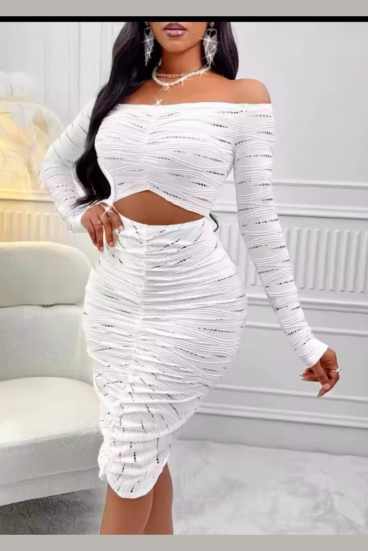 Women's Rhinestone Ruched Cut - Out Off Shoulder Long Sleeve Crop Top & Midi Skirt 2 - Piece Set - GLITCH - BELLE