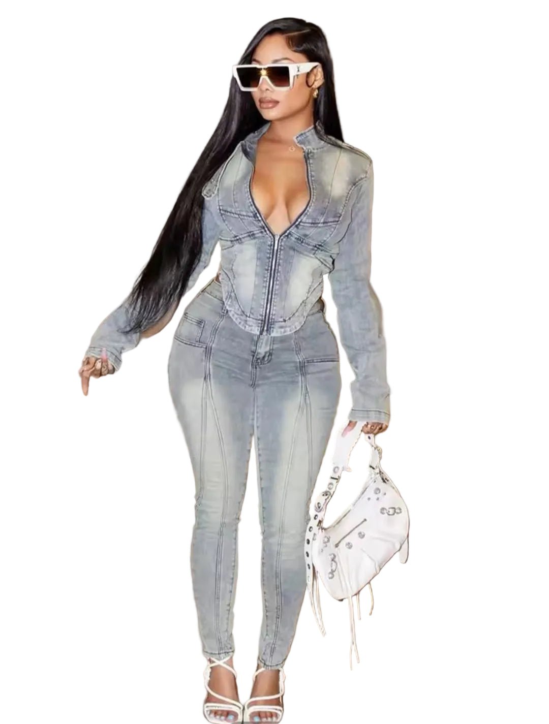 Denim Hipster 2 - Piece Set | Irregular Jacket & High - Waist Trousers - GLITCH - BELLE