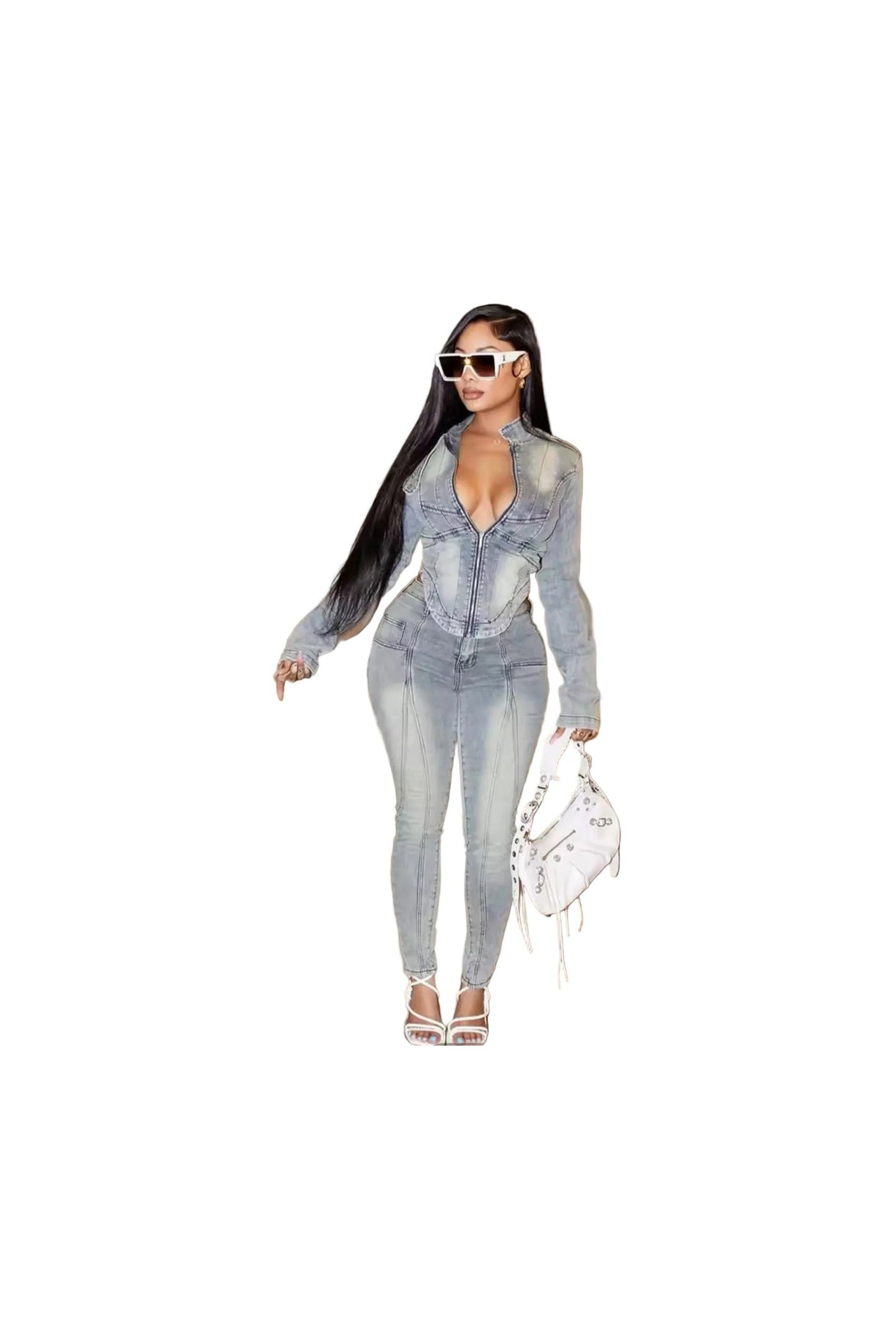 Denim Hipster 2 - Piece Set | Irregular Jacket & High - Waist Trousers - GLITCH - BELLE