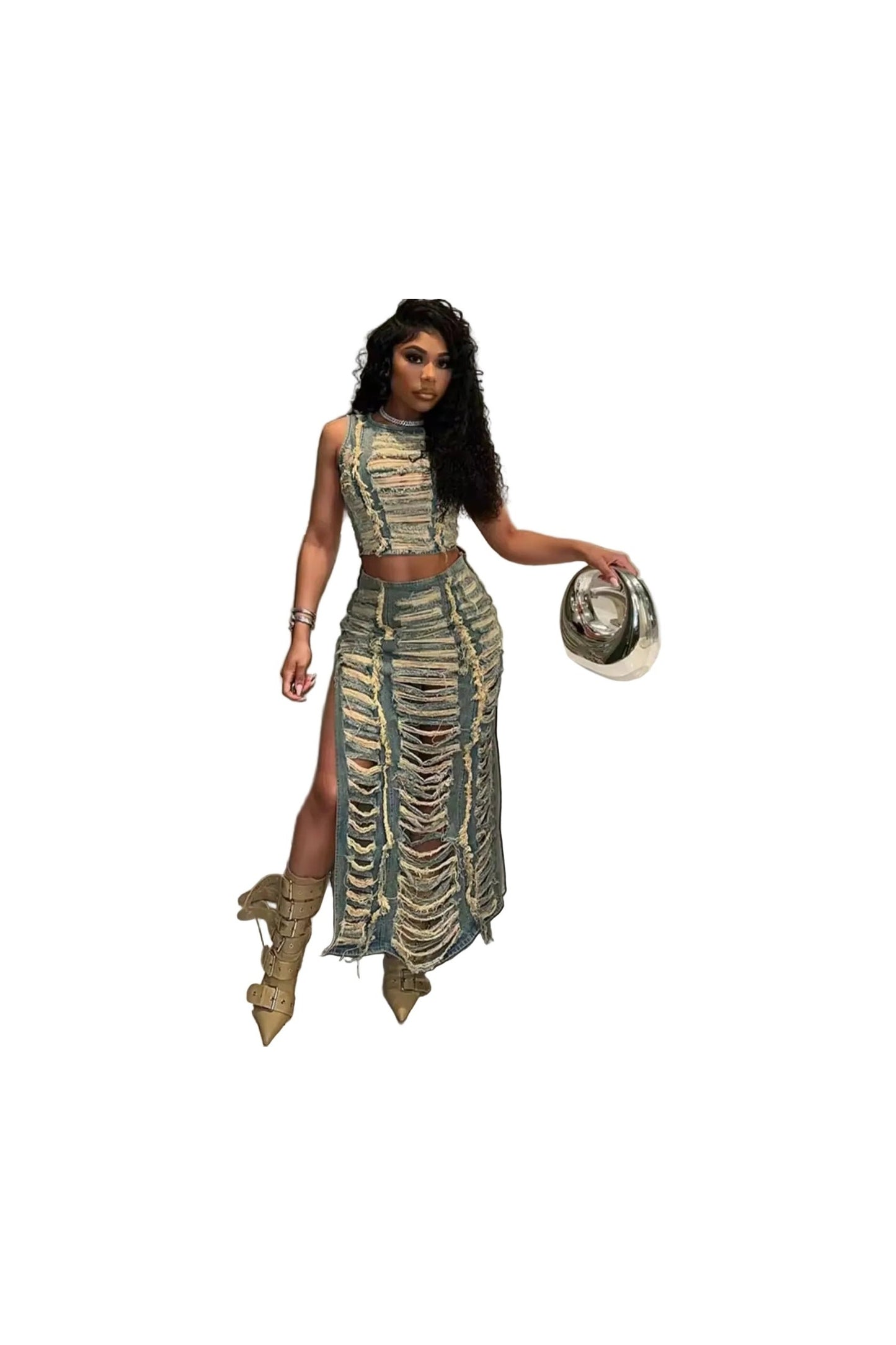 Y2K Ripped Hole Denim 2 - Piece Set – Sleeveless Crop Top & Side Slit Skirt - GLITCH - BELLE