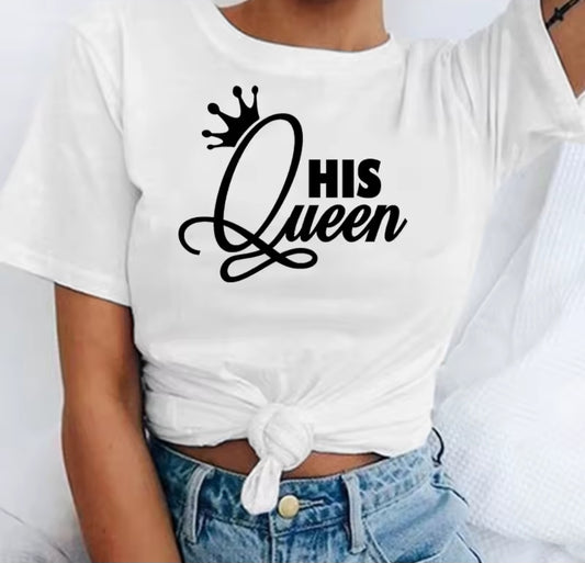 White t-shirt with 'His Queen' text and crown graphic on a white background