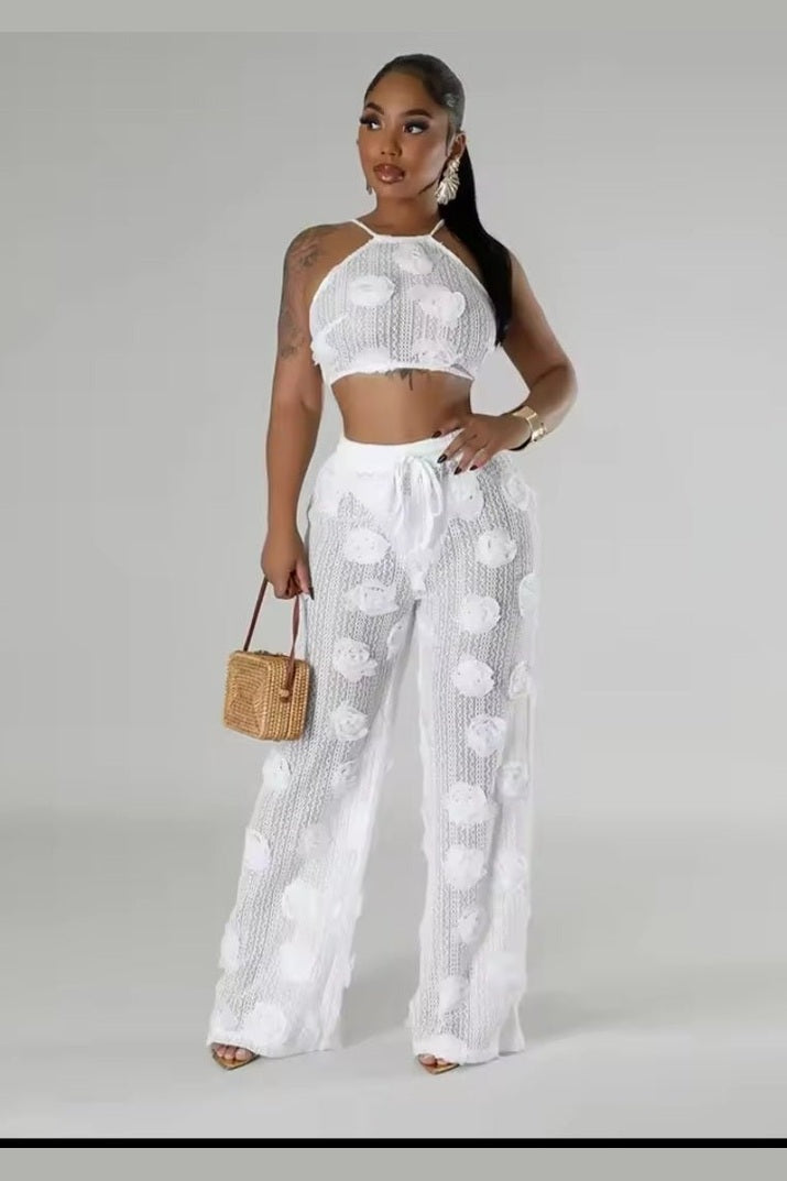 Sexy Crop Mesh Tops Two Piece Pant Set – Women's Y2K Streetwear Elegant Flower Summer Outfit - GLITCH - BELLE