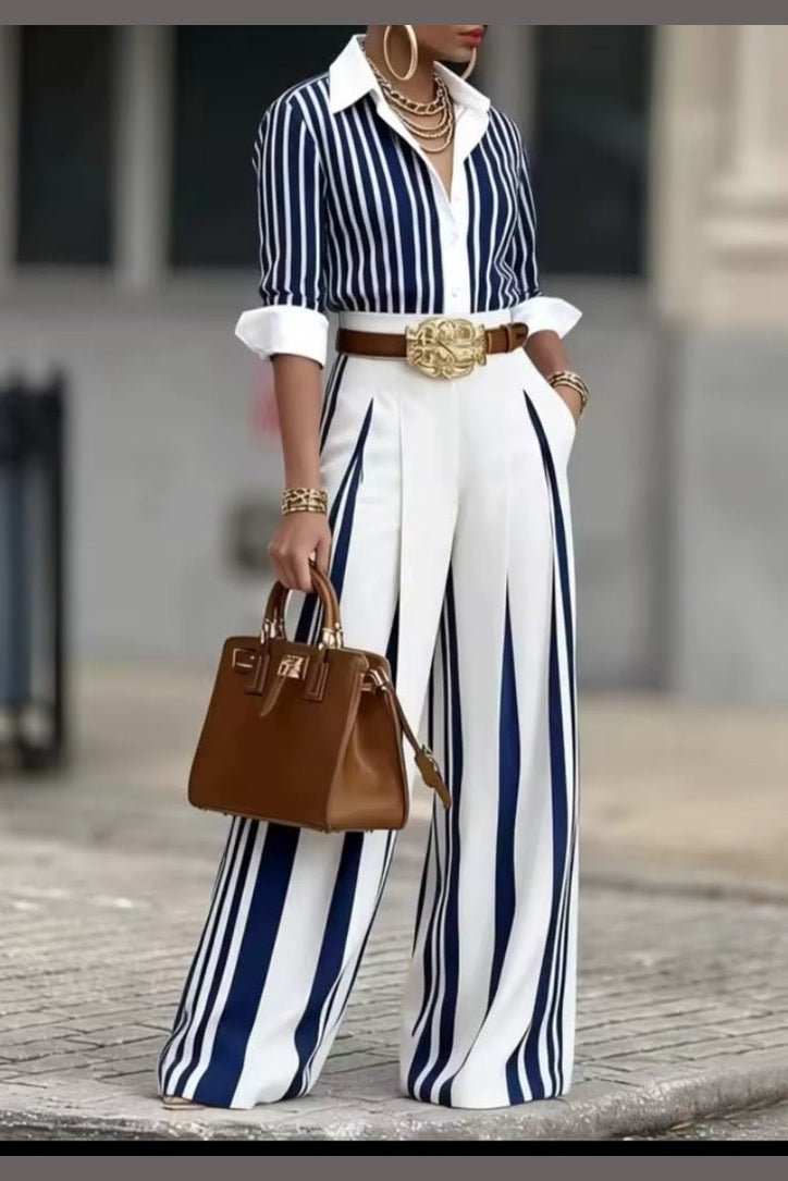 Striped Long Sleeve Shirt & Wide Leg Pants 2 - Piece Set with Belt - GLITCH - BELLE