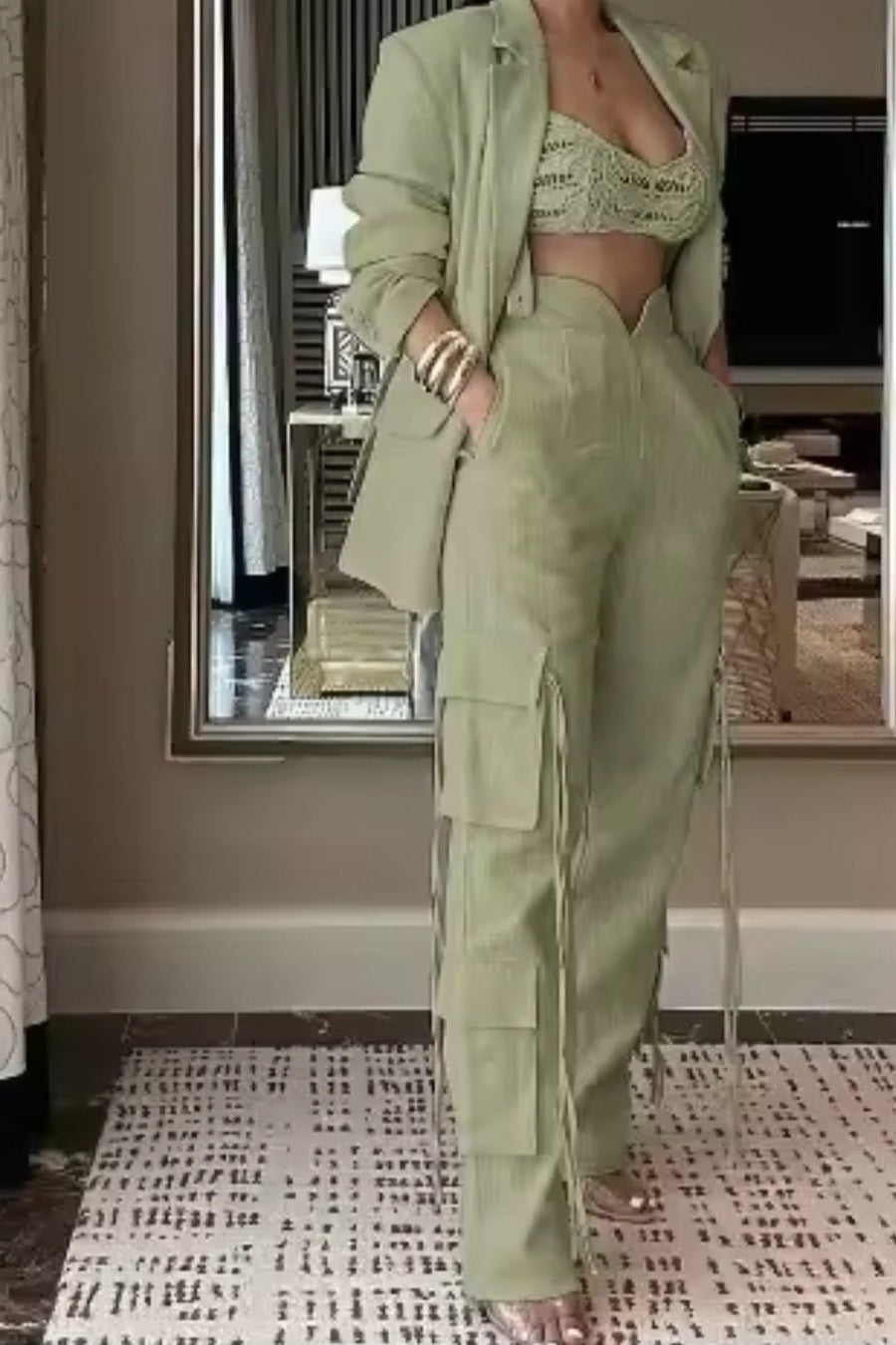 Women's Long Sleeve Blazer Suit & Wide Leg Cargo Pants Two - Piece Set - GLITCH - BELLE
