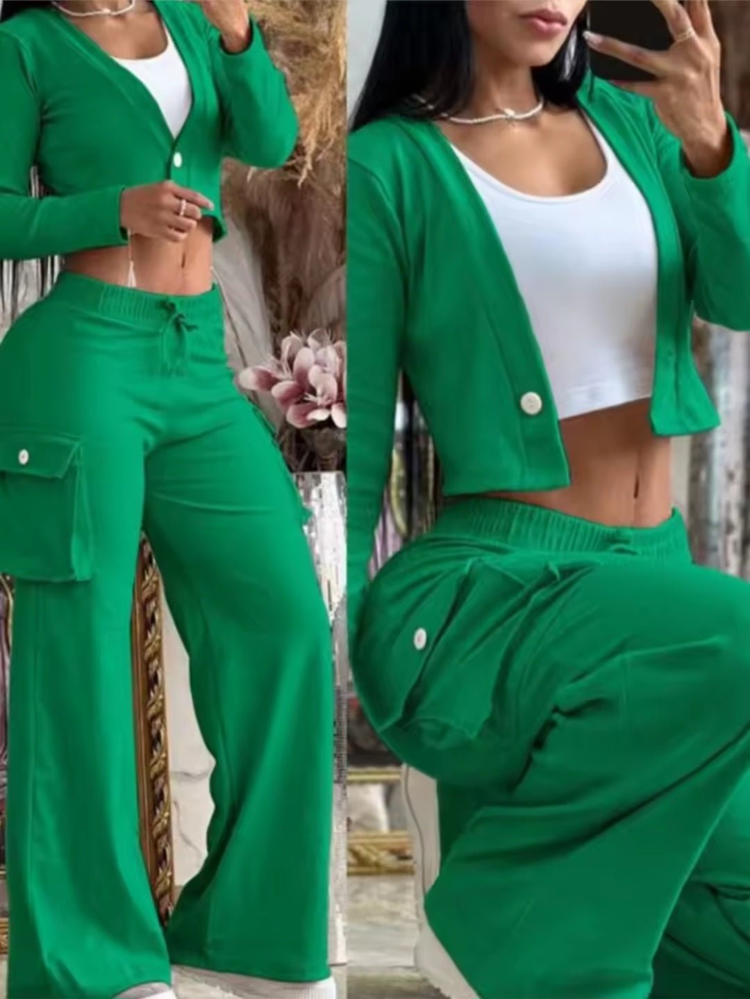 Women's Solid Color Crop Top & Cargo Pants Set - GLITCH - BELLE