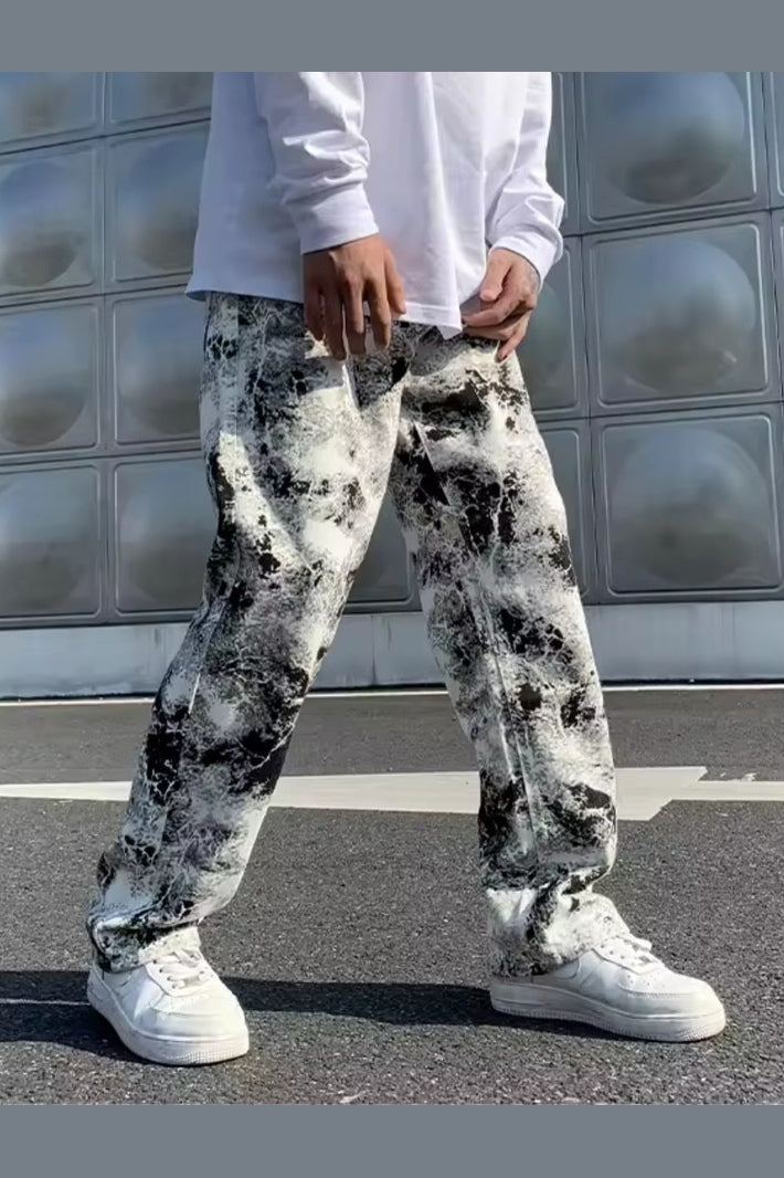 Y2K Tie Dye Wide Leg Denim Pants – High Waist Loose Straight Trousers - GLITCH - BELLE