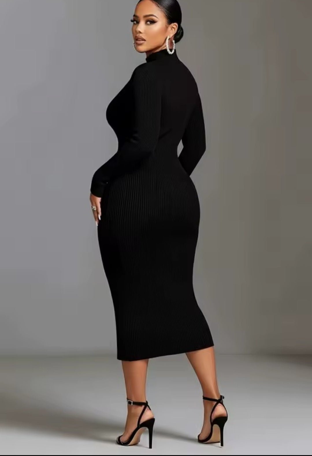 Black Mock Neck Cut-Out Ribbed Midi Dress - GLITCH-BELLE