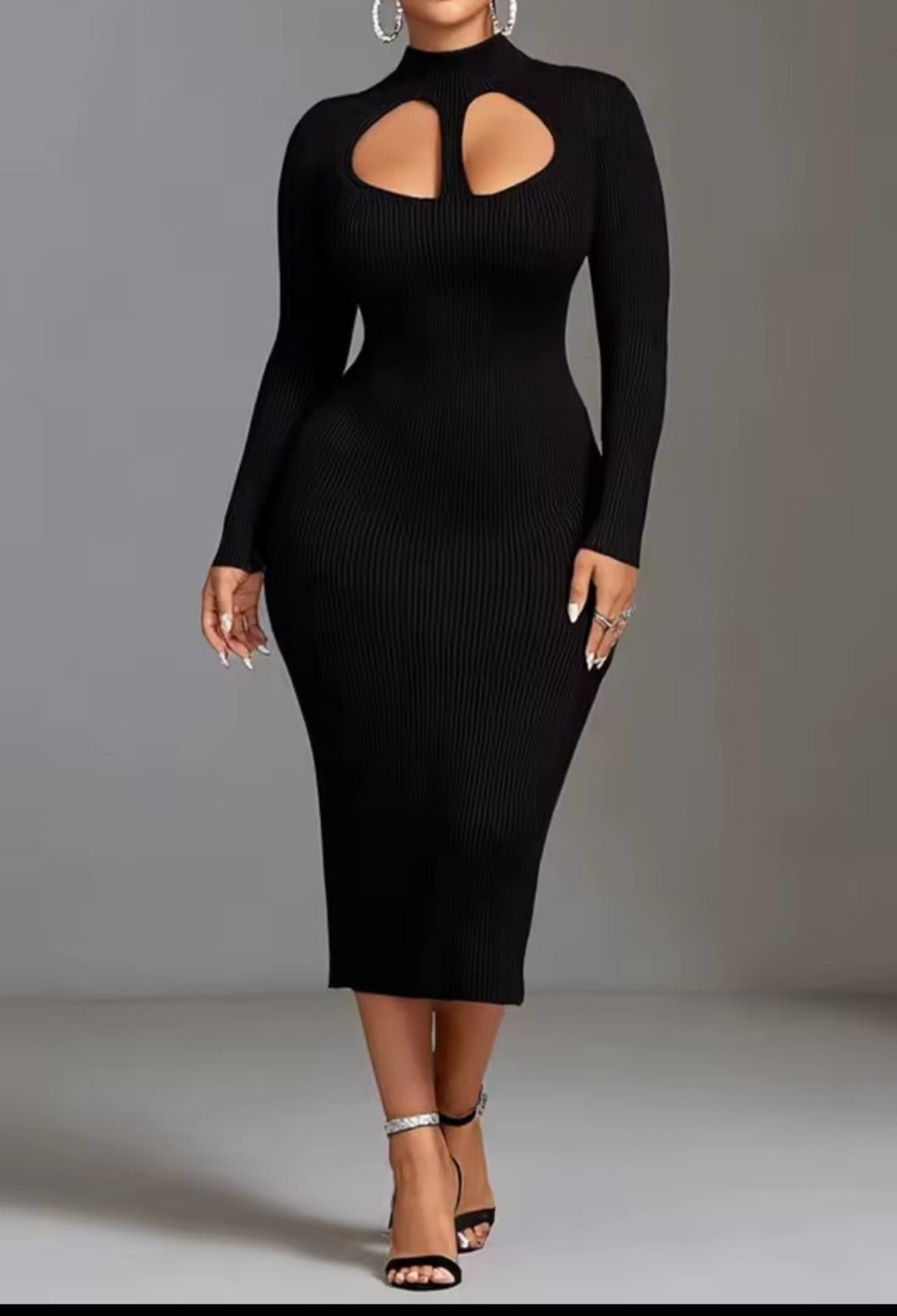Black Mock Neck Cut-Out Ribbed Midi Dress - GLITCH-BELLE