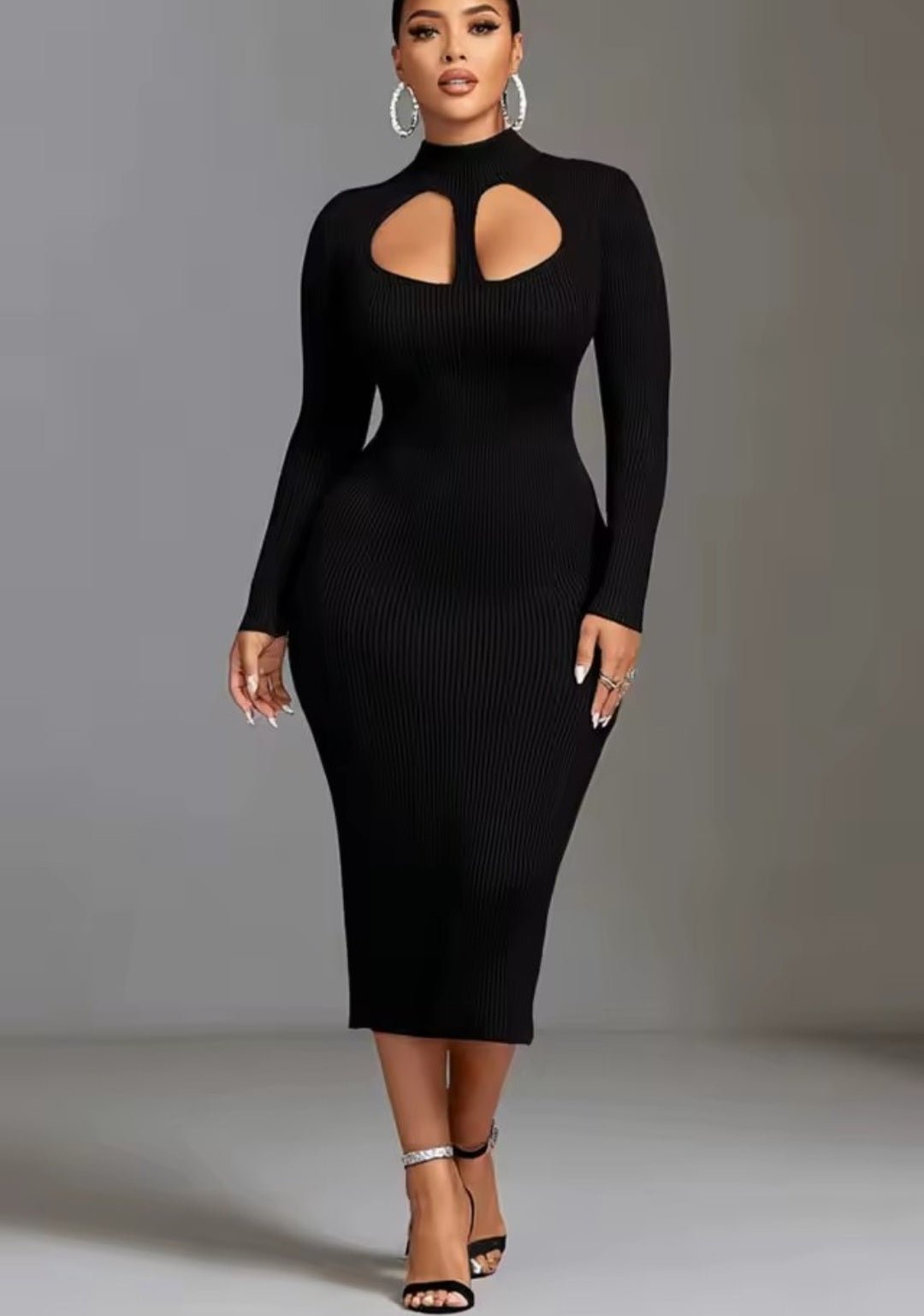 Black Mock Neck Cut-Out Ribbed Midi Dress - GLITCH-BELLE