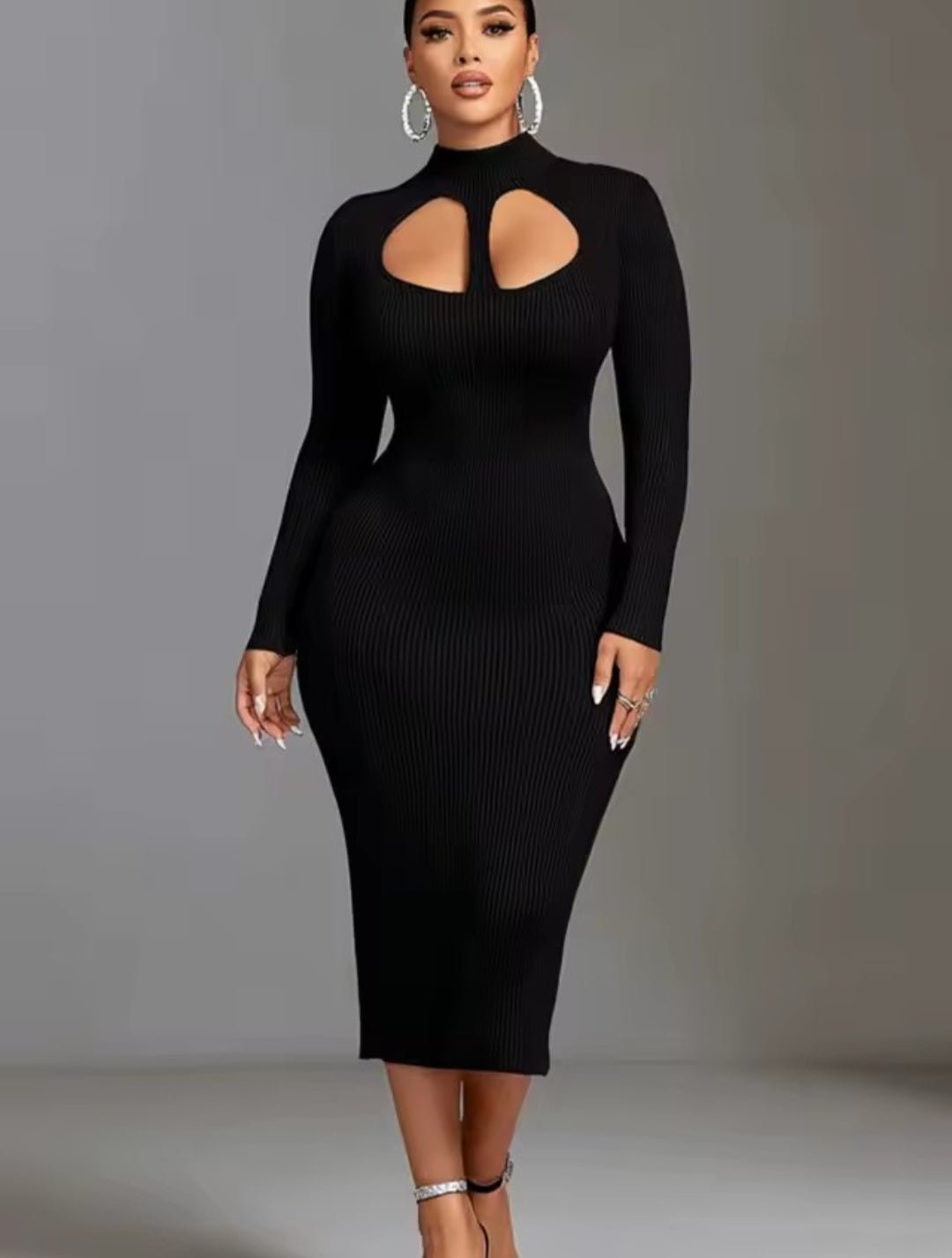 Black Mock Neck Cut-Out Ribbed Midi Dress - GLITCH-BELLE