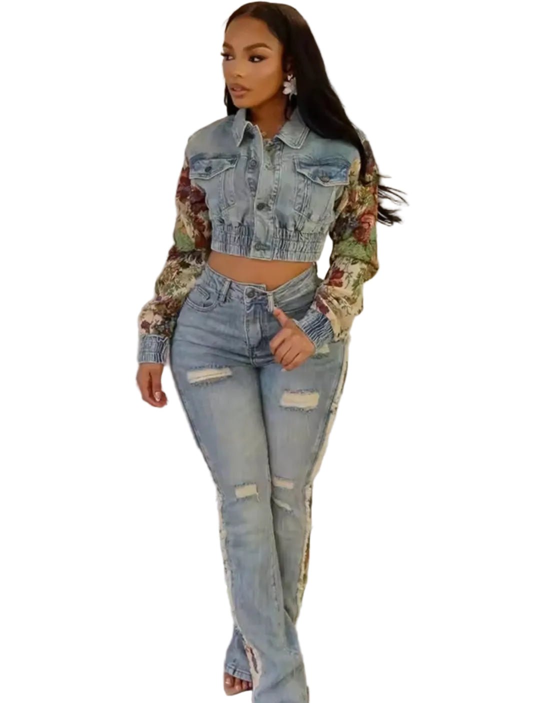 BWQ Women's 2 - Piece Denim Floral Patchwork Set – Crop Jacket & High Waist Jeans - GLITCH - BELLE
