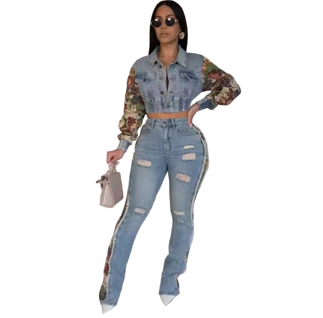 BWQ Women's 2 - Piece Denim Floral Patchwork Set – Crop Jacket & High Waist Jeans - GLITCH - BELLE