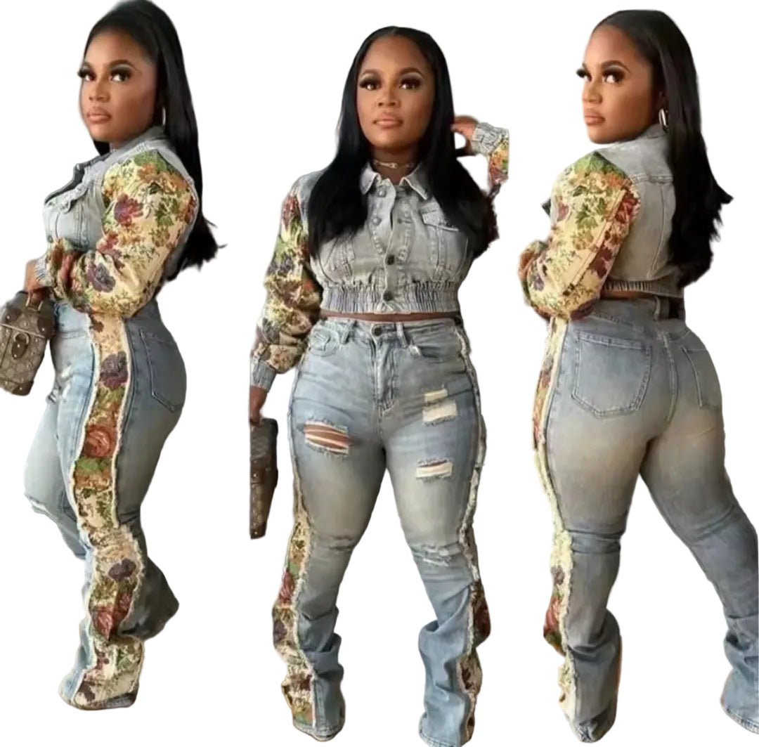 BWQ Women's 2 - Piece Denim Floral Patchwork Set – Crop Jacket & High Waist Jeans - GLITCH - BELLE