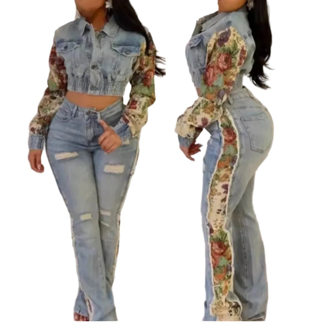 BWQ Women's 2 - Piece Denim Floral Patchwork Set – Crop Jacket & High Waist Jeans - GLITCH - BELLE