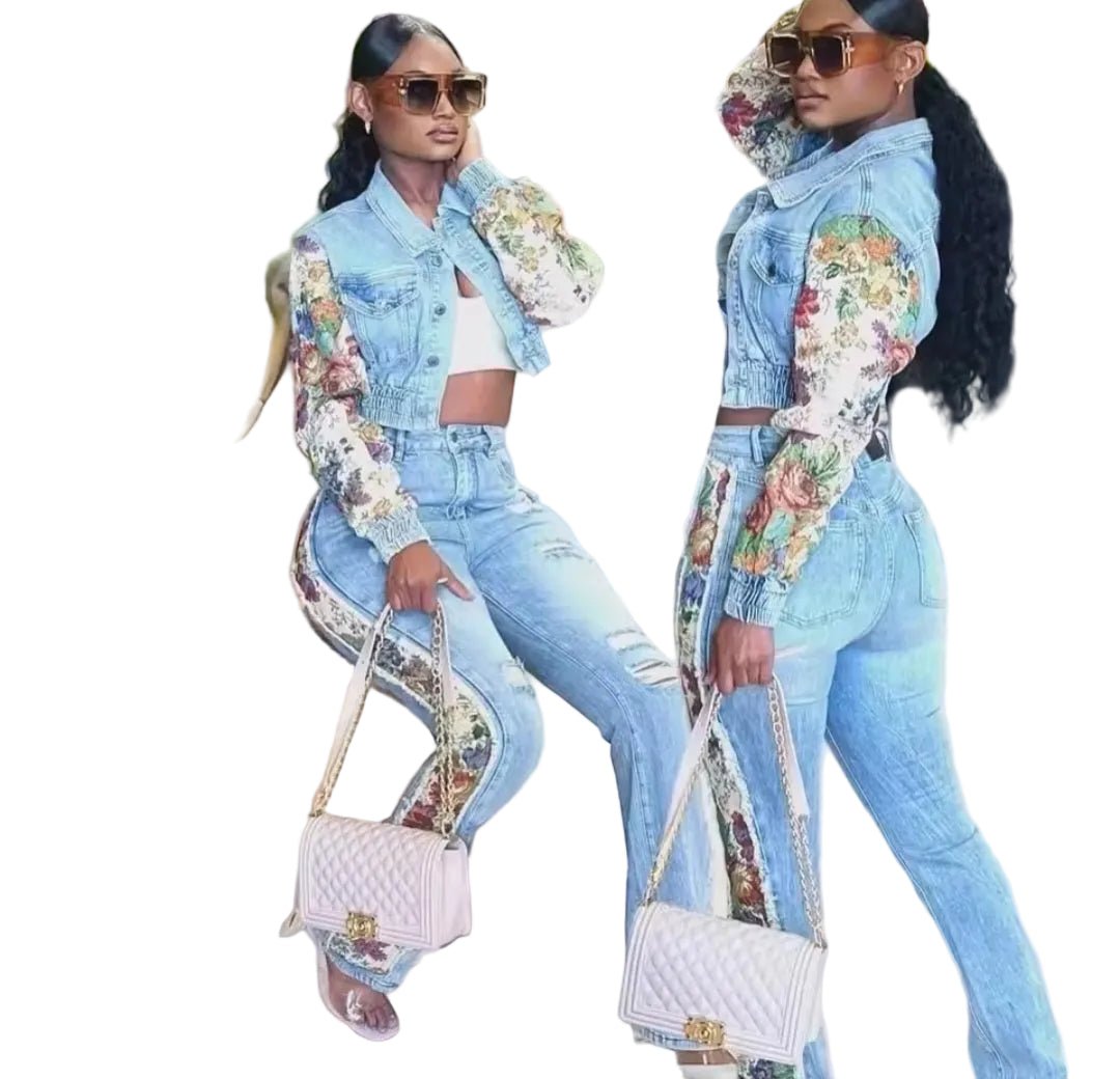 BWQ Women's 2 - Piece Denim Floral Patchwork Set – Crop Jacket & High Waist Jeans - GLITCH - BELLE