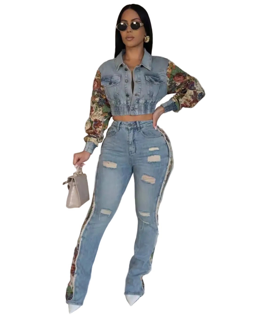 BWQ Women's 2 - Piece Denim Floral Patchwork Set – Crop Jacket & High Waist Jeans - GLITCH - BELLE