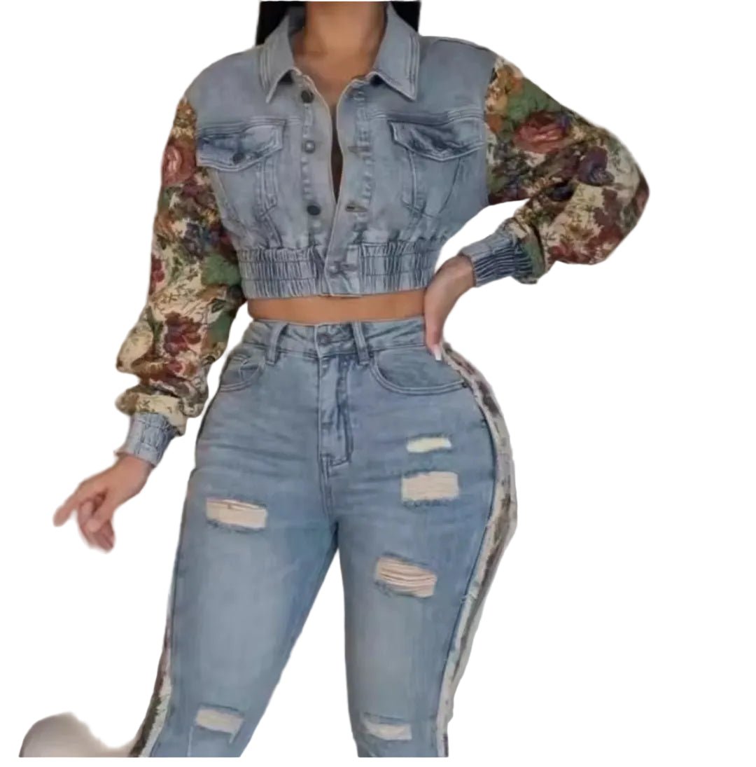 BWQ Women's 2 - Piece Denim Floral Patchwork Set – Crop Jacket & High Waist Jeans - GLITCH - BELLE