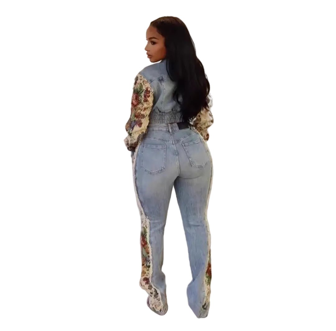 BWQ Women's 2 - Piece Denim Floral Patchwork Set – Crop Jacket & High Waist Jeans - GLITCH - BELLE