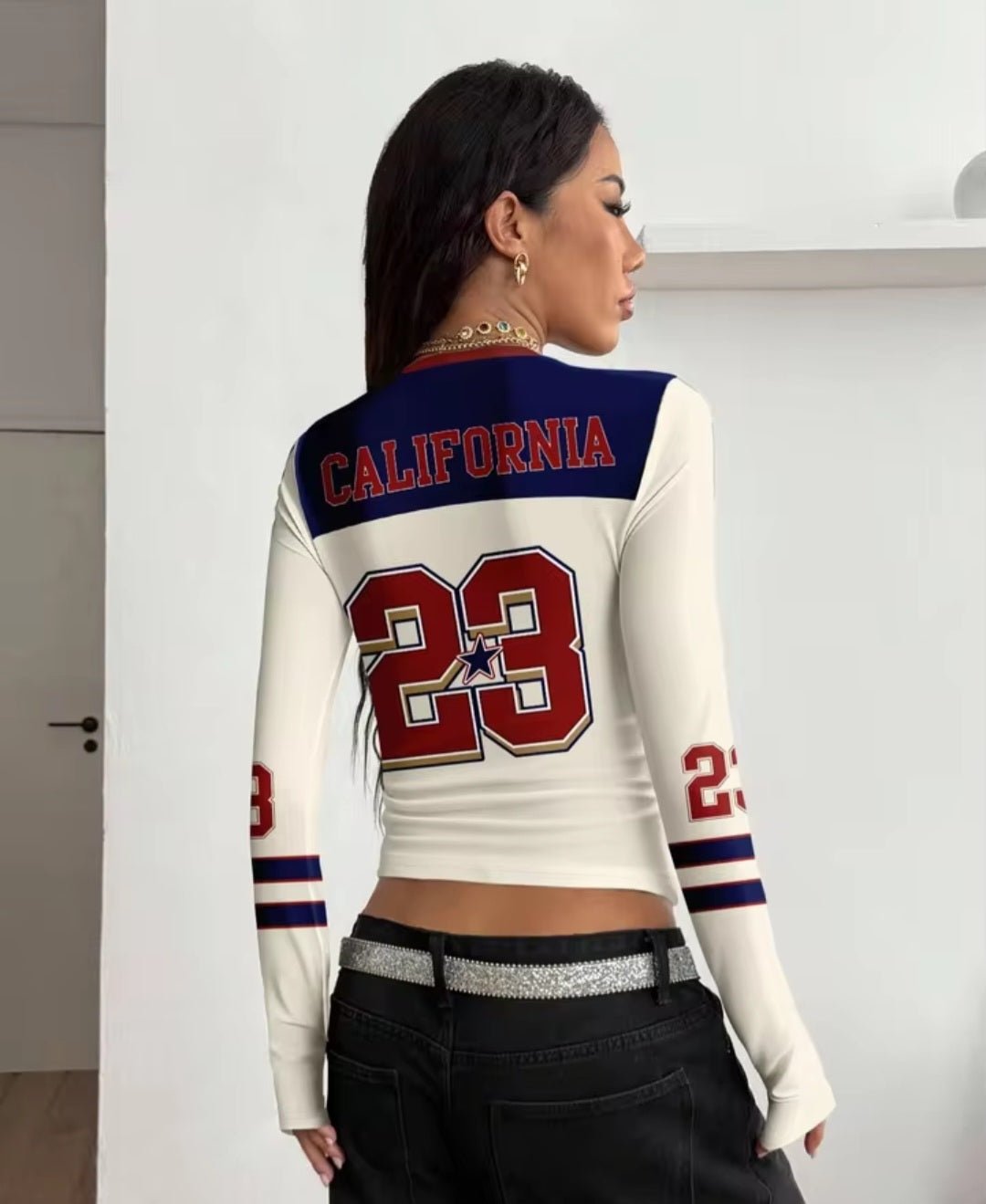California 23 Y2K Varsity Crop Top – Retro Streetwear Long Sleeve - GLITCH-BELLE