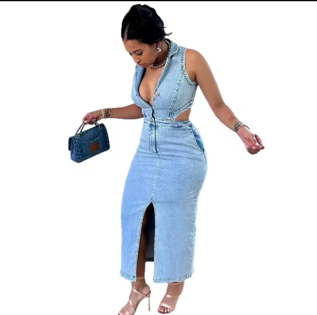 Denim Cutout Maxi Dress - GLITCH-BELLE