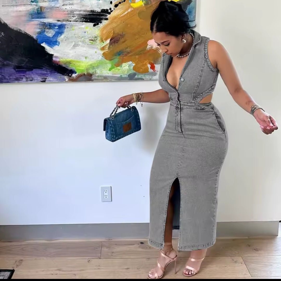 Denim Cutout Maxi Dress - GLITCH-BELLE