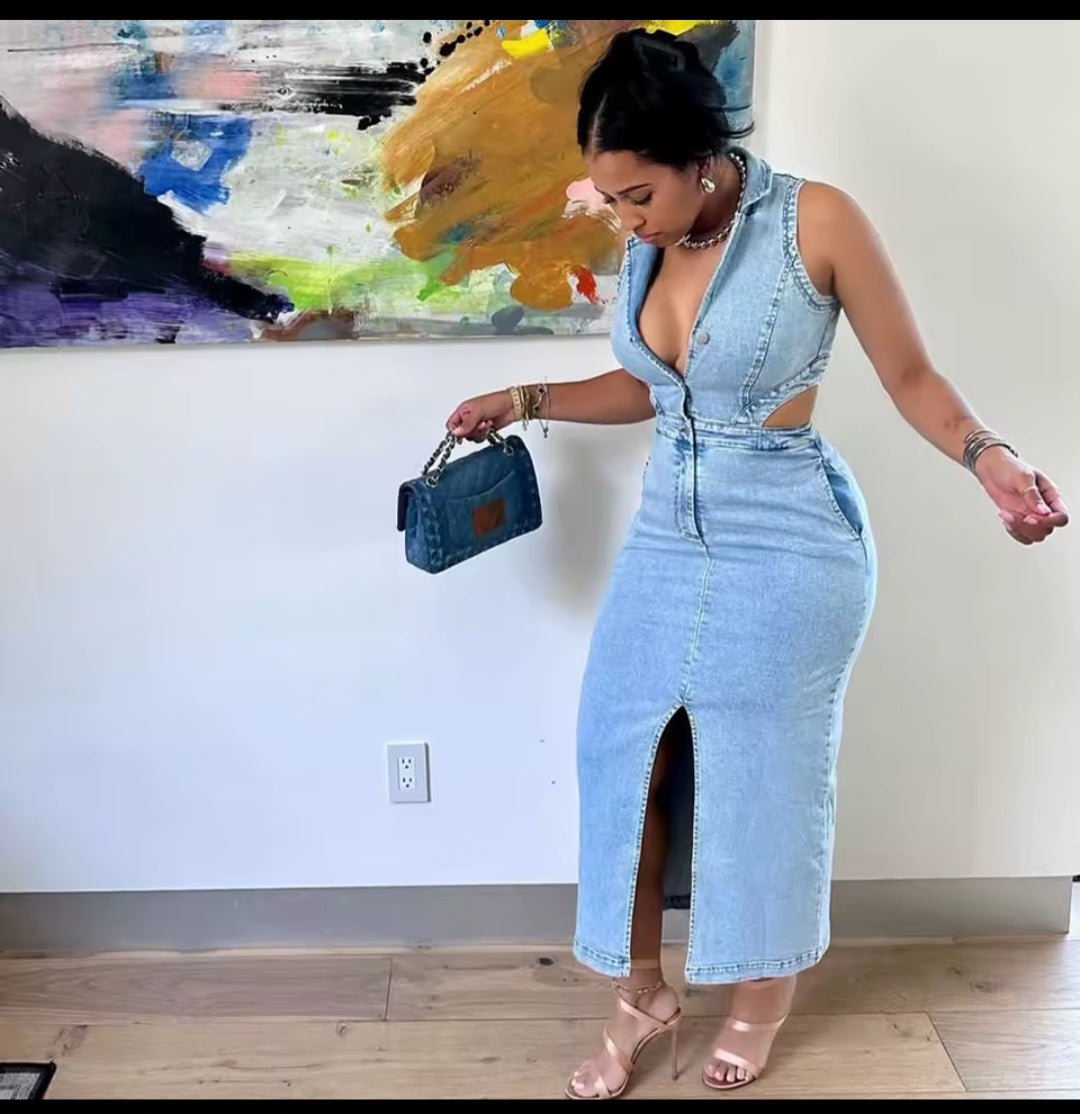 Denim Cutout Maxi Dress - GLITCH-BELLE