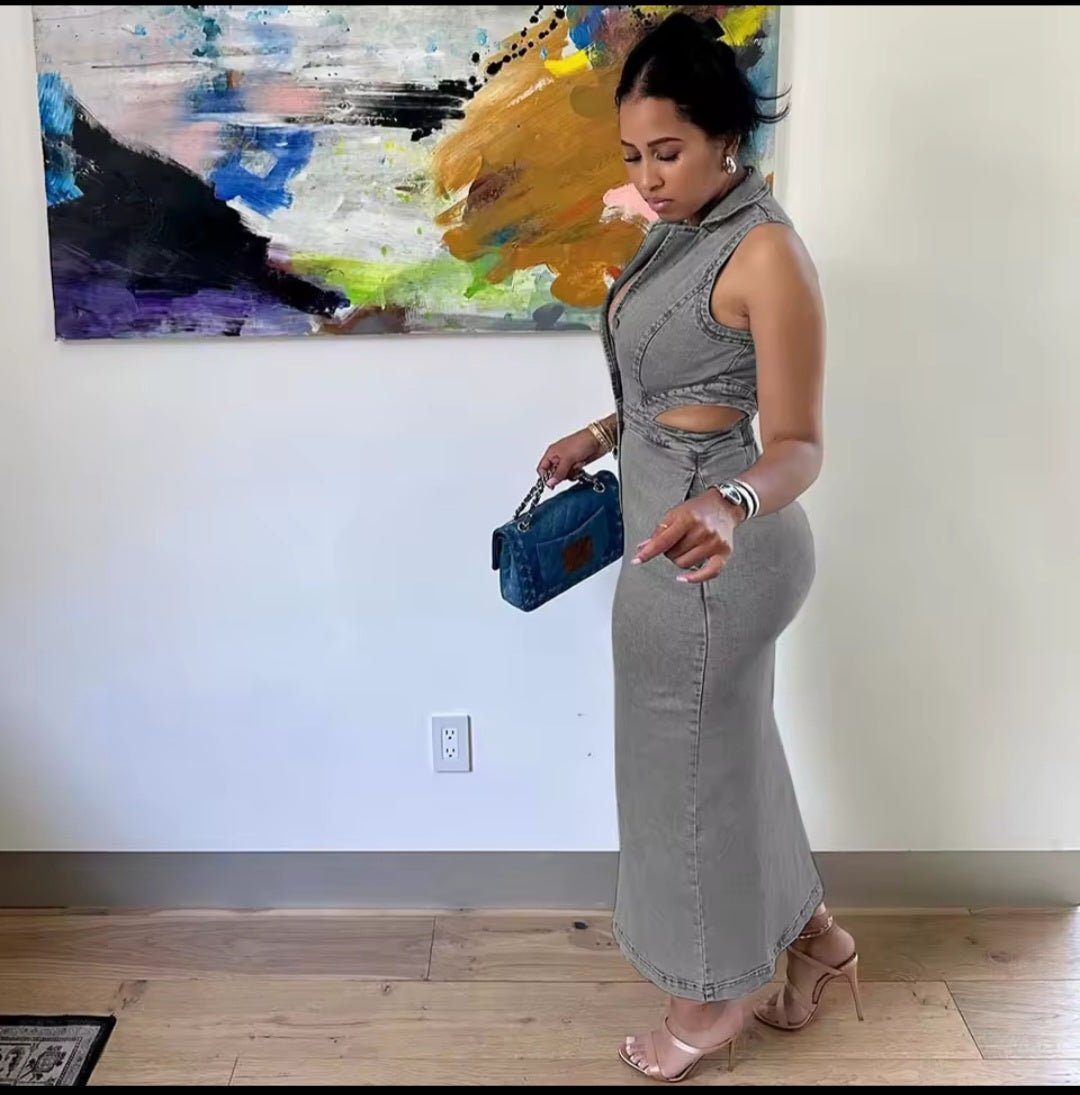Denim Cutout Maxi Dress - GLITCH-BELLE