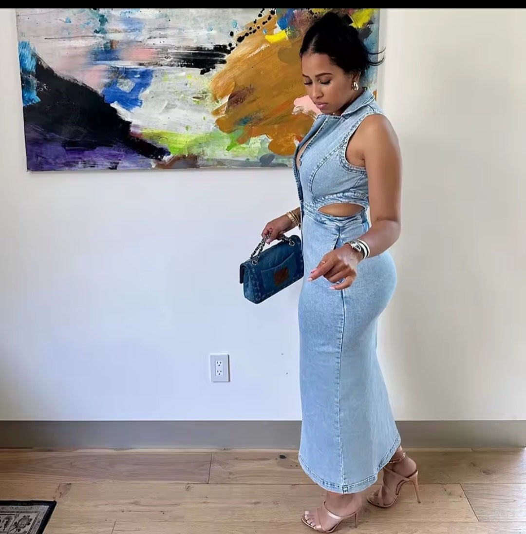 Denim Cutout Maxi Dress - GLITCH-BELLE