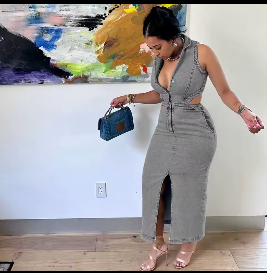 Denim Cutout Maxi Dress - GLITCH-BELLE