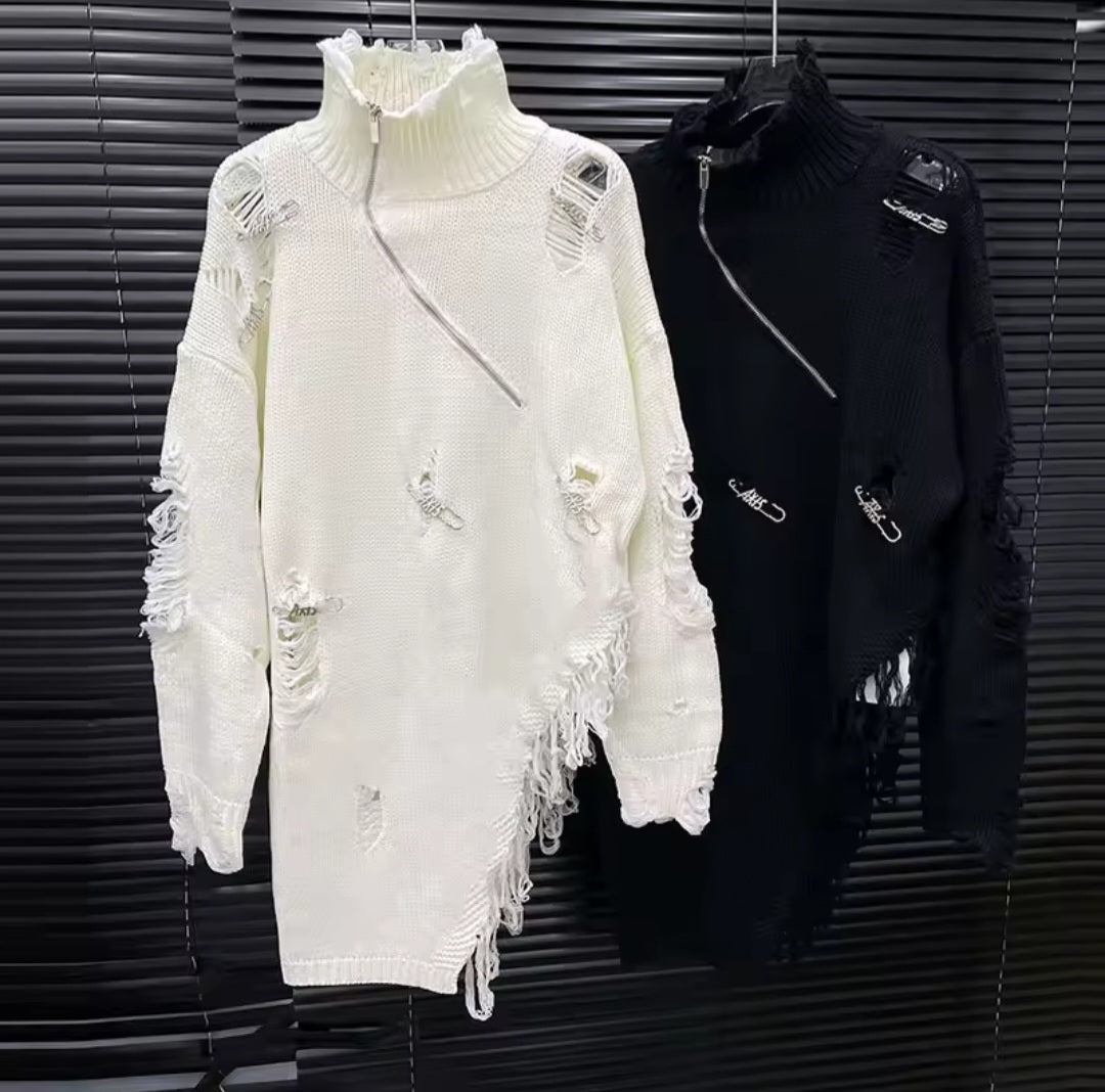 Distressed Fringe Half-Zip Turtleneck Knit Pullover - GLITCH-BELLE