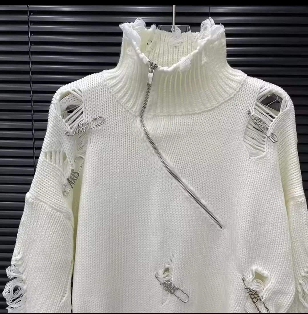 Distressed Fringe Half-Zip Turtleneck Knit Pullover - GLITCH-BELLE